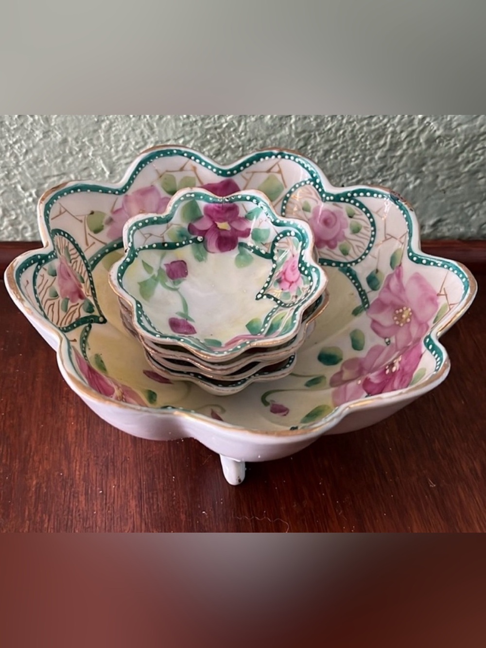 Vintage Hand Painted Floral Heart Nesting Bowl Set 5 Pc Candy Nut Dishes
